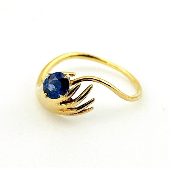 Hand Holding a Sapphire 14k Gold Ring - Estate Vintage Figural Jewelry - Picture 3 of 5